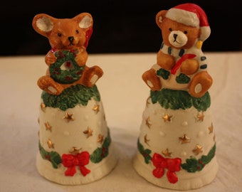 Vintage Porcelain Bisque Christmas Bear and Red Panda Figurine Bells