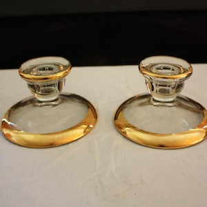 Vintage Jeannette Glass Camellia 22K Gold-Rimmed Candlestick Holders Pair image 1