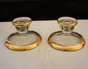 Vintage Jeannette Glass "Camellia" 22K Gold-Rimmed Candlestick Holders (Pair)