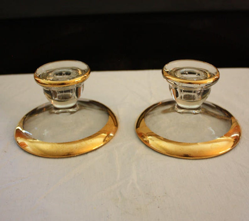 Vintage Jeannette Glass Camellia 22K Gold-Rimmed Candlestick Holders Pair image 1