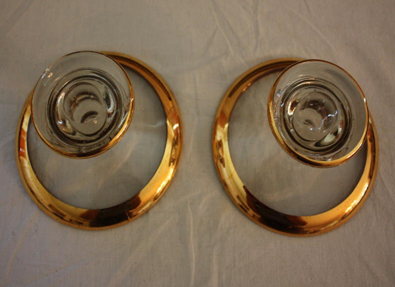 Vintage Jeannette Glass Camellia 22K Gold-Rimmed Candlestick Holders Pair image 3