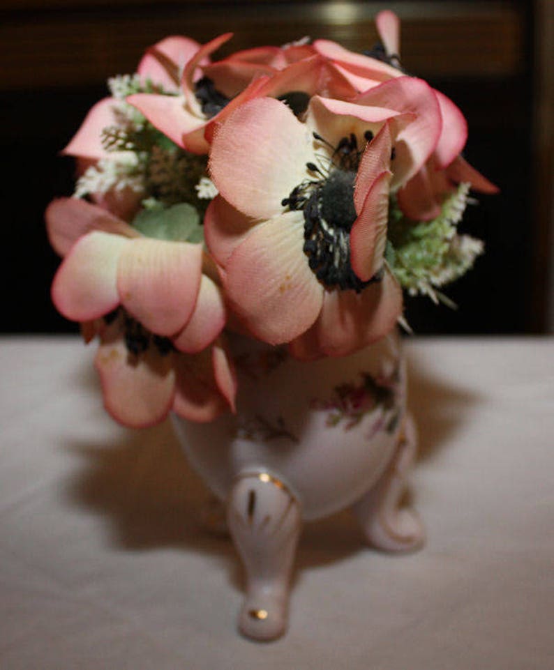 Vintage Napcoware Porcelain Egg Moriage Moss Roses Gilded Transferware with Dogwood Silk Flowers