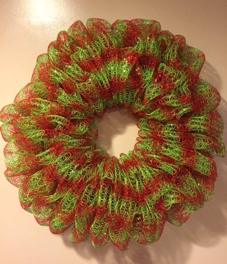 Red and Green Deco Mesh Christmas Wreath