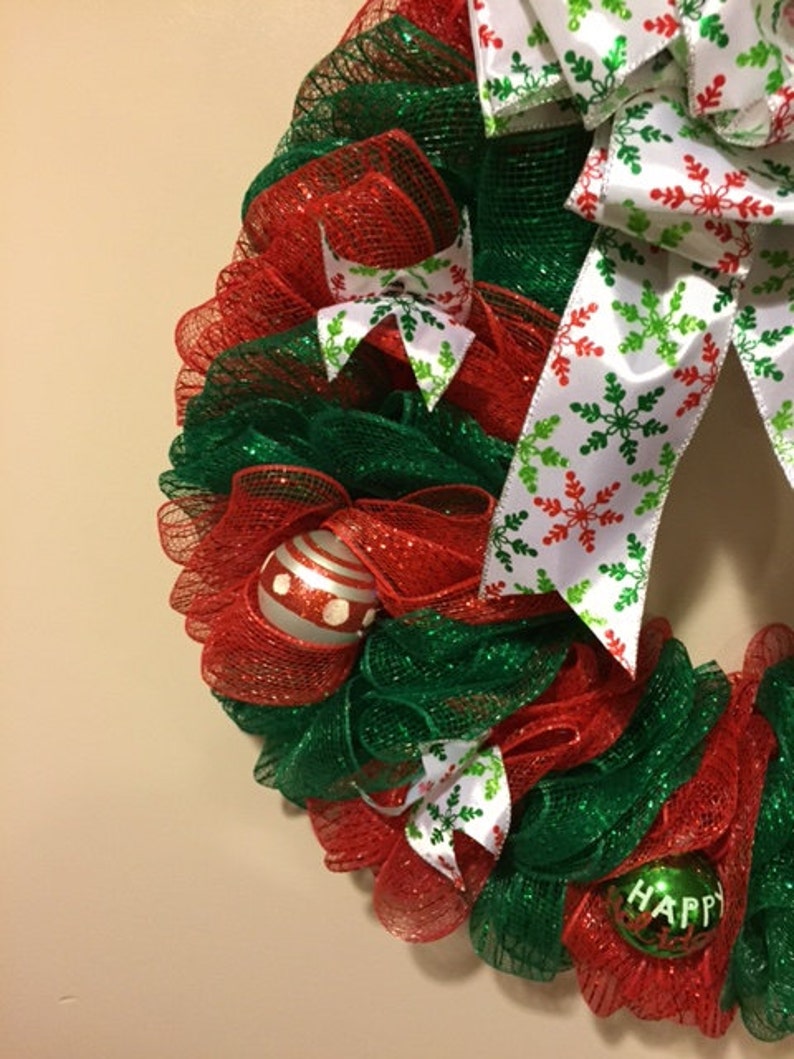 Red and Green Striped Deco Mesh Christmas Wreath