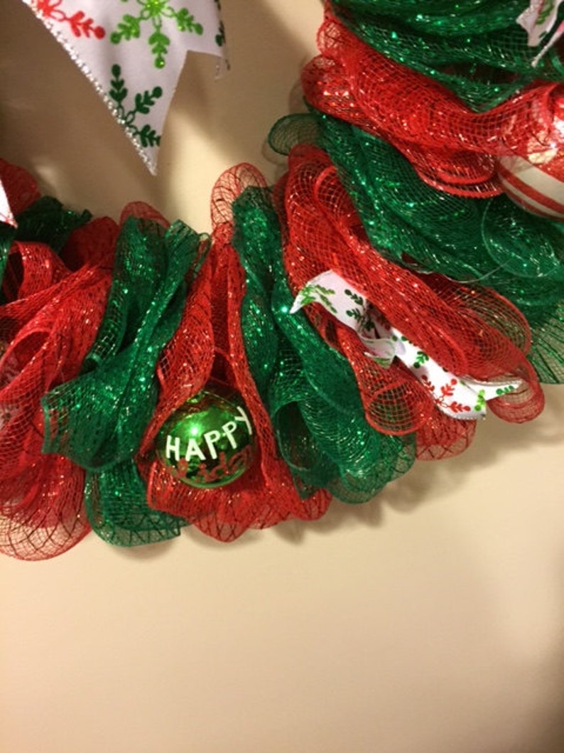 Red and Green Striped Deco Mesh Christmas Wreath