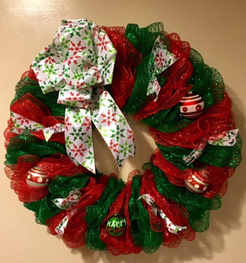 Red and Green Striped Deco Mesh Christmas Wreath