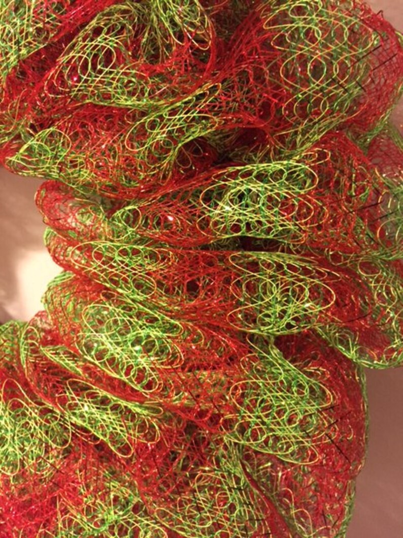 Red and Green Deco Mesh Christmas Wreath