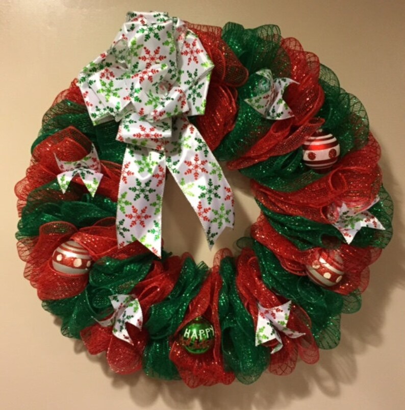 Red and Green Striped Deco Mesh Christmas Wreath
