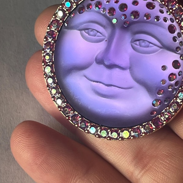 Purple moon glass w rhinestones on side of phase beautiful moon faced man in the moon made by Kirk’s Folly stamped