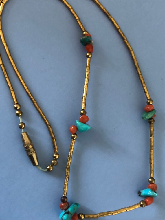 Navajo gold filled and turquoise and coral small … - image 2