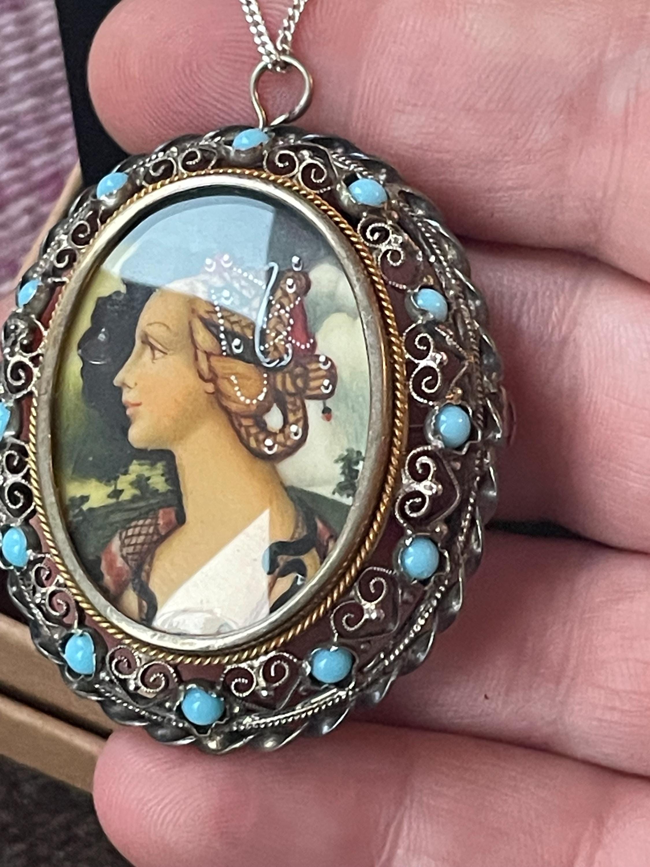 Victorian 800 Silver Cameo Brooch: Turquoise, Painted Lady, Snake