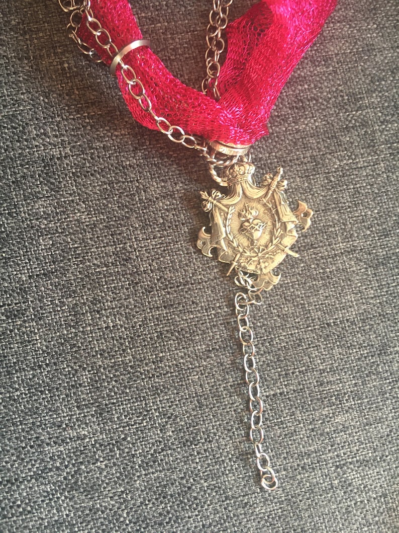 Heart crown of thorns and pink pink fuschia brutalist chain punk rock style stainless steel sterling