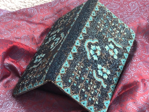 beaded wallet blues Antique from 1930s Hand beadw… - image 1