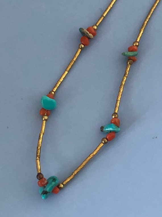 Navajo gold filled and turquoise and coral small … - image 1