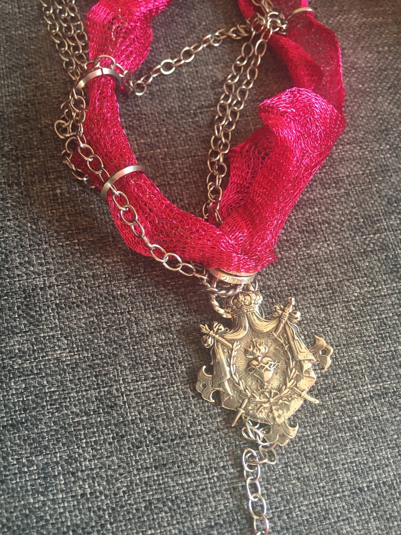 Heart crown of thorns and pink pink fuschia brutalist chain punk rock style stainless steel sterling