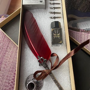 vintage ganzenveer en inktset rode veren zwarte inktflessen en 6 penpunten een houder inkt één volle lege fles en penhoes