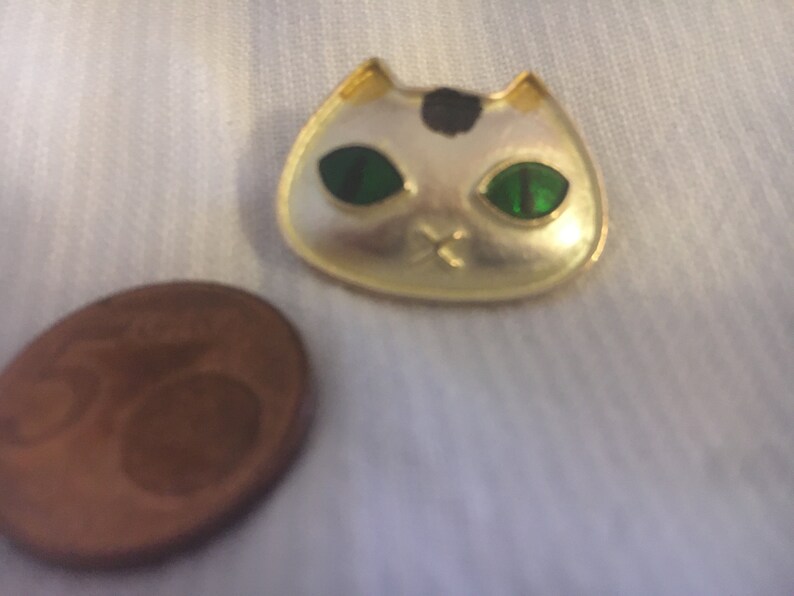 Cat eyes cat face vintage brooch enamel goldtone