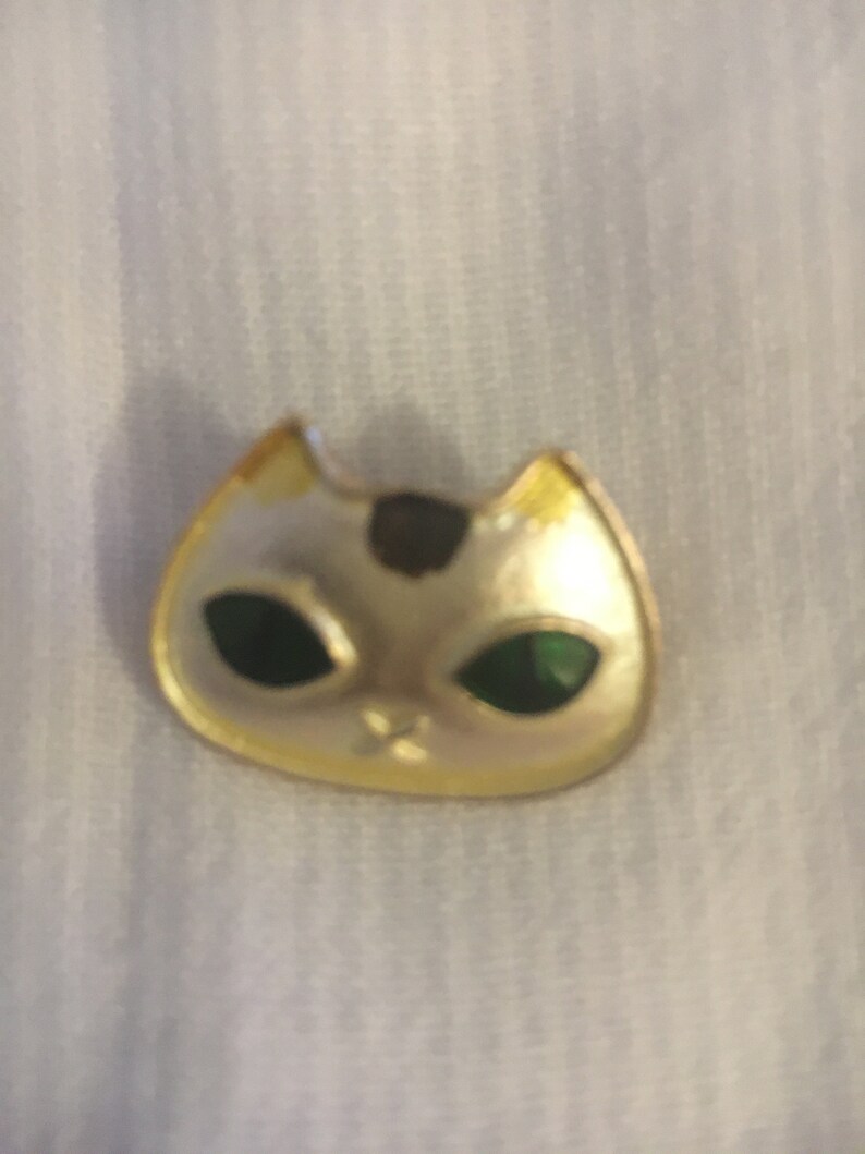 Cat eyes cat face vintage brooch enamel goldtone