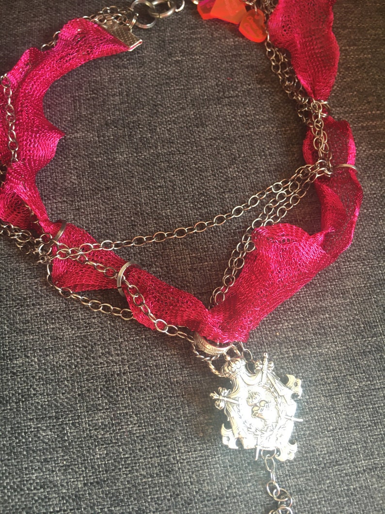 Heart crown of thorns and pink pink fuschia brutalist chain punk rock style stainless steel sterling