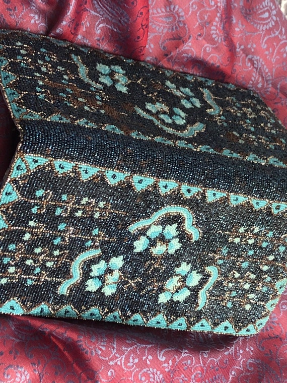 beaded wallet blues Antique from 1930s Hand beadw… - image 2