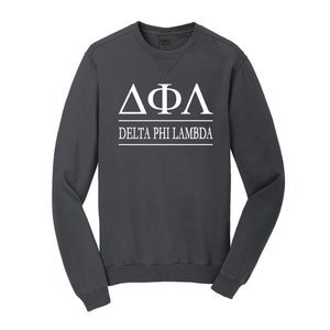 May include: A dark grey sweatshirt with white lettering. The letters "ΔΦΛ" are displayed in a triangle shape with the words "DELTA PHI LAMBDA" underneath.