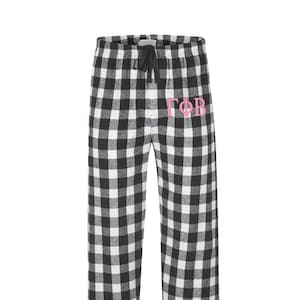 Gamma Phi Beta, Embroidered Flannel Pants, GFB Sorority Sleepwear Loungewear, Pajamas Pjs Rush Bid Day Pledge Gift Ideas swag merch gear