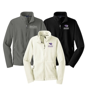 May include: Three fleece jackets in different colors: gray, white, and black. Each jacket has a zipper closure and a High Point University logo embroidered on the left chest.