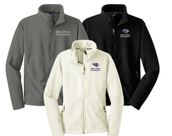 May include: Three fleece jackets in different colors: gray, white, and black. Each jacket has a zipper closure and a High Point University logo embroidered on the left chest.