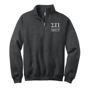 May include: A dark grey 1/4 zip sweatshirt with a white embroidered Sigma Pi logo and the text "Sigma Pi" below.