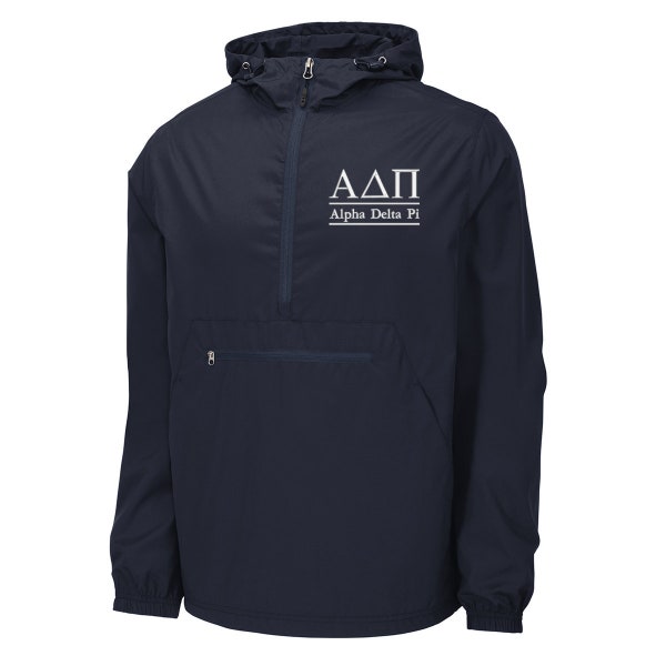 Alpha Delta Pi, Windbreaker, Packable Quarterzip Anorak, Lightweight Pack and Go Windbreaker, Alpha Delta Pi Sorority Windbreaker