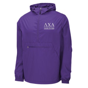 May include: A purple hooded windbreaker with a zipper closure and a kangaroo pocket. The jacket has the letters "AXA" and the words "Lambda Chi Alpha" embroidered on the front.