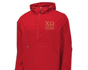 Chi Omega, Windbreaker, Packable Quarterzip Anorak, Lightweight Pack and Go Windbreaker, Chi Omega Sorority Windbreaker