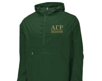 May include: A dark green hooded pullover jacket with a zipper closure and a kangaroo pocket. The jacket has the letters "ΑΓΡ" embroidered on the front, with the words "Alpha Gamma Rho" underneath.