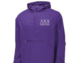 May include: A purple hooded windbreaker with a zipper closure and a kangaroo pocket. The jacket has the letters "AXA" and the words "Lambda Chi Alpha" embroidered on the front.