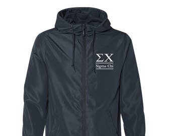 May include: A dark blue hooded windbreaker jacket with a white embroidered Sigma Chi logo and the text "Sigma Chi" on the front.