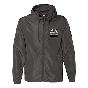 Delta Chi, Windbreaker Jacket, Delta Chi Anorak, DChi Fraternity Full Zip Lightweight Windbreaker, Water and Wind Resistant Zip Up Jacket
