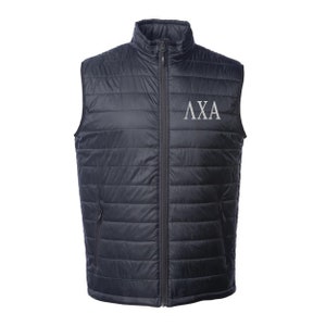 Lambda Chi Alpha, Puffy Vest, Lambda Chi Alpha Puffer Vest, LXA Puffy Vest Jacket, Fraternity Apparel, Lambda Chi Alpha Fraternity outerwear