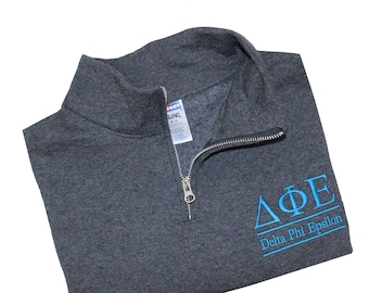 Delta Phi Epsilon, Quarter Zip Sweatshirt, D PHI E Sorority Embroidered QZip Cadet Collar Sweatshirt, 1/4 Zip Pullover, Pledge Gifts