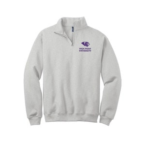 May include: A gray 1/4 zip sweatshirt with the High Point University logo embroidered on the left chest. The logo is purple and features a panther head.