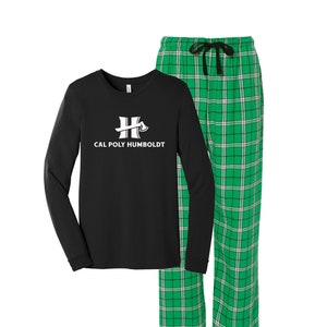 May include: Black long-sleeved shirt with a white logo that says "Cal Poly Humboldt" and a white axe and letter H. Green and white plaid pajama pants.