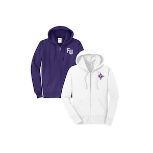 May include: Two zip-up hoodies, one purple with "FU" in white lettering and one white with a purple diamond-shaped logo.