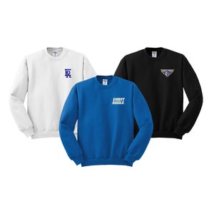 May include: Three crewneck sweatshirts in white, blue, and black. The white sweatshirt has a blue "R" embroidered on the left chest. The blue sweatshirt has "EMBRY RIDDLE" printed in white on the left chest. The black sweatshirt has a yellow and blue logo with a bird and the text "EMBRY RIDDLE" on the left chest.