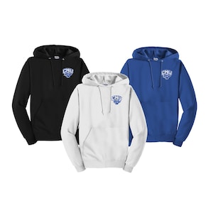 May include: Three hooded sweatshirts in black, white, and blue with the CNU logo embroidered on the left chest.