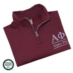 Alpha Phi, Quarter Zip Sweatshirt, AF Sorority Embroidered QZip Cadet Collar Sweatshirt, 1/4 Zip, Pledge Gift Idea