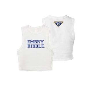 May include: White sleeveless crop top with the text "EMBRY RIDDLE" in blue on the front and a blue and yellow logo with the text "EMBRY-RIDDLE" on the back.