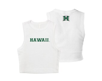 May include: White sleeveless crop top with the word "HAWAII" in green on the front and a green "H" on the back.