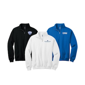 May include: Three quarter-zip sweatshirts in black, white, and blue. The black sweatshirt has a blue and white logo that says "CNU". The white sweatshirt has a blue logo that says "Christopher Newport University". The blue sweatshirt has a white logo that says "CNU".