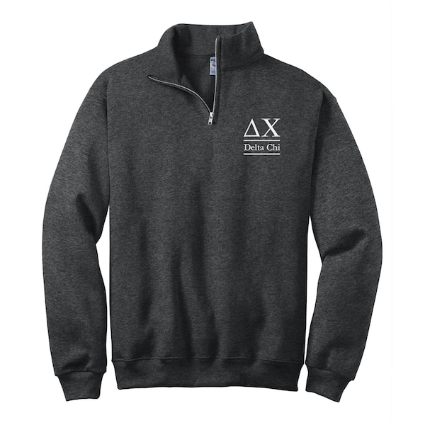 Delta Chi, Quarter Zip Sweatshirt, DX Fraternity Embroidered QZip Cadet Collar Sweatshirt, 1/4 Zip, Pledge Gift Idea