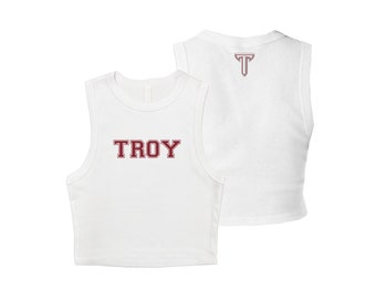 Troy University Tank Top, Troy Trojans Power T Cropped Tank, Crop Shirt, white out game day t-shirts tees, merchandise swag spirit wear