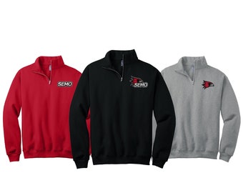 Southeast Missouri State University, Quarter Zip Sweatshirt, Pullover sweatshirt embroidered with choice of SEMO log or SEMO Redhawk